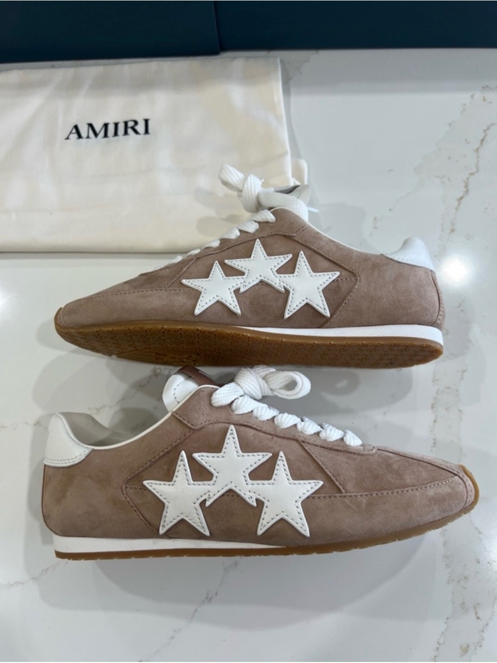 AMIRI Taupe Suede Low-Top Sneakers with White Accents